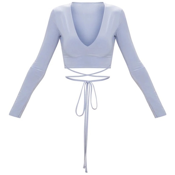 Powder Blue Slinky Long Sleeve Tie Waist Crop Top Pretty Little Thing - Picture 2 of 6